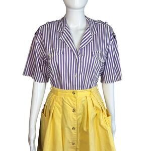 Vintage 80s 90s Chaus Purple White Candy Striped Button Up Short Sleeve Top